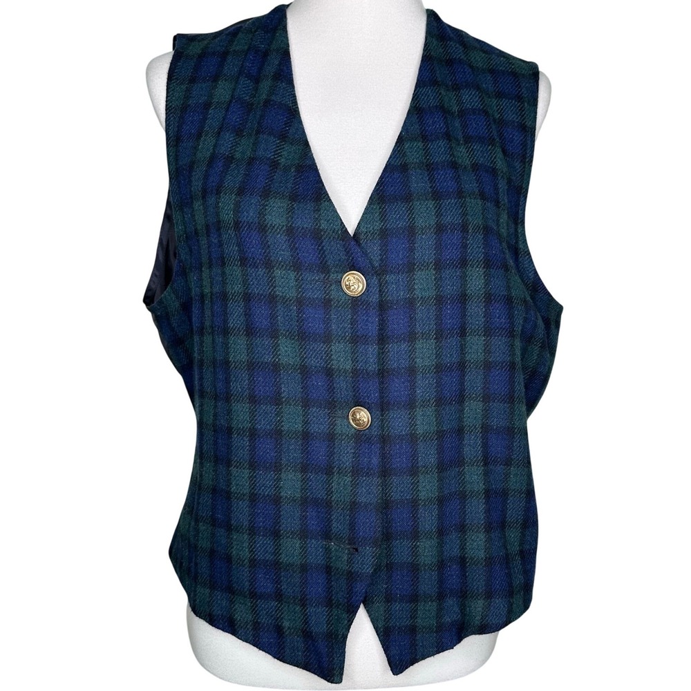 VTG Casablanca Dark Academia Plaid Vest Blue Green Wool Blend Gold Buttons